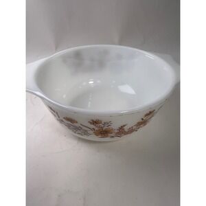 Vintage Pyrex England Autumn Glory Milk‎ Glass Mixing Bowl Floral Tab Handle 6in